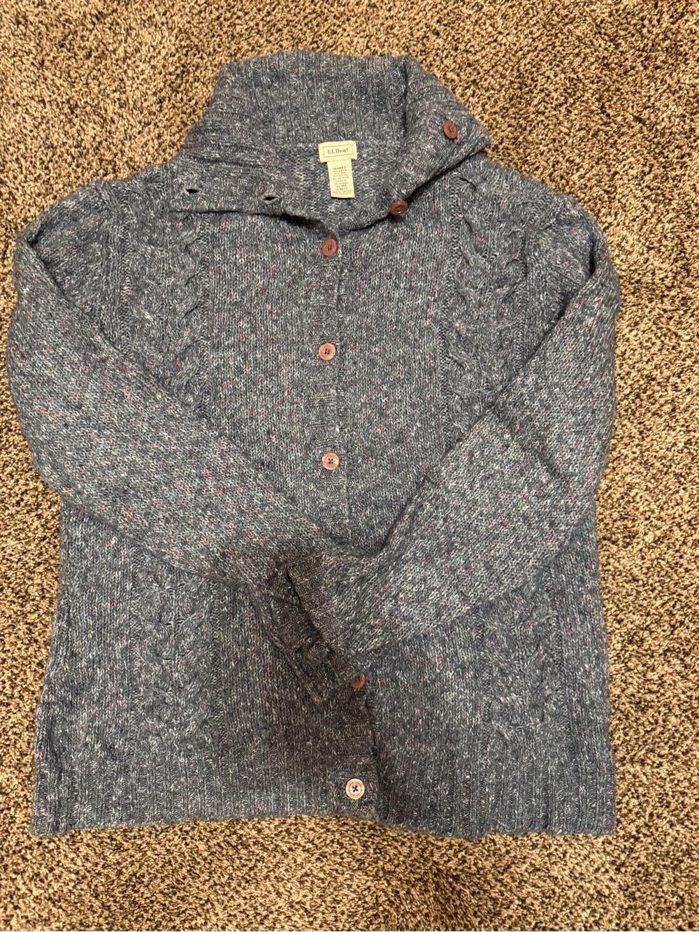L.L. Bean Women's Heathered Navy multi colored Button-Up Cable Sweater